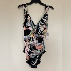 Jantzen Black Floral Bathing Suit Swimsuit One Piece Size 14 NWT Pink Flowers